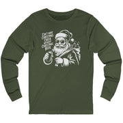 Green long-sleeve shirt with a graphic of Santa Claus holding a beer and the text cant have christmas cheer without christmas beer