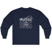 Navy blue long-sleeve shirt with 'Mistletoe Hoe' text funny christmas tee