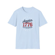Light blue t-shirt with 'America 1776' text design on a white background
