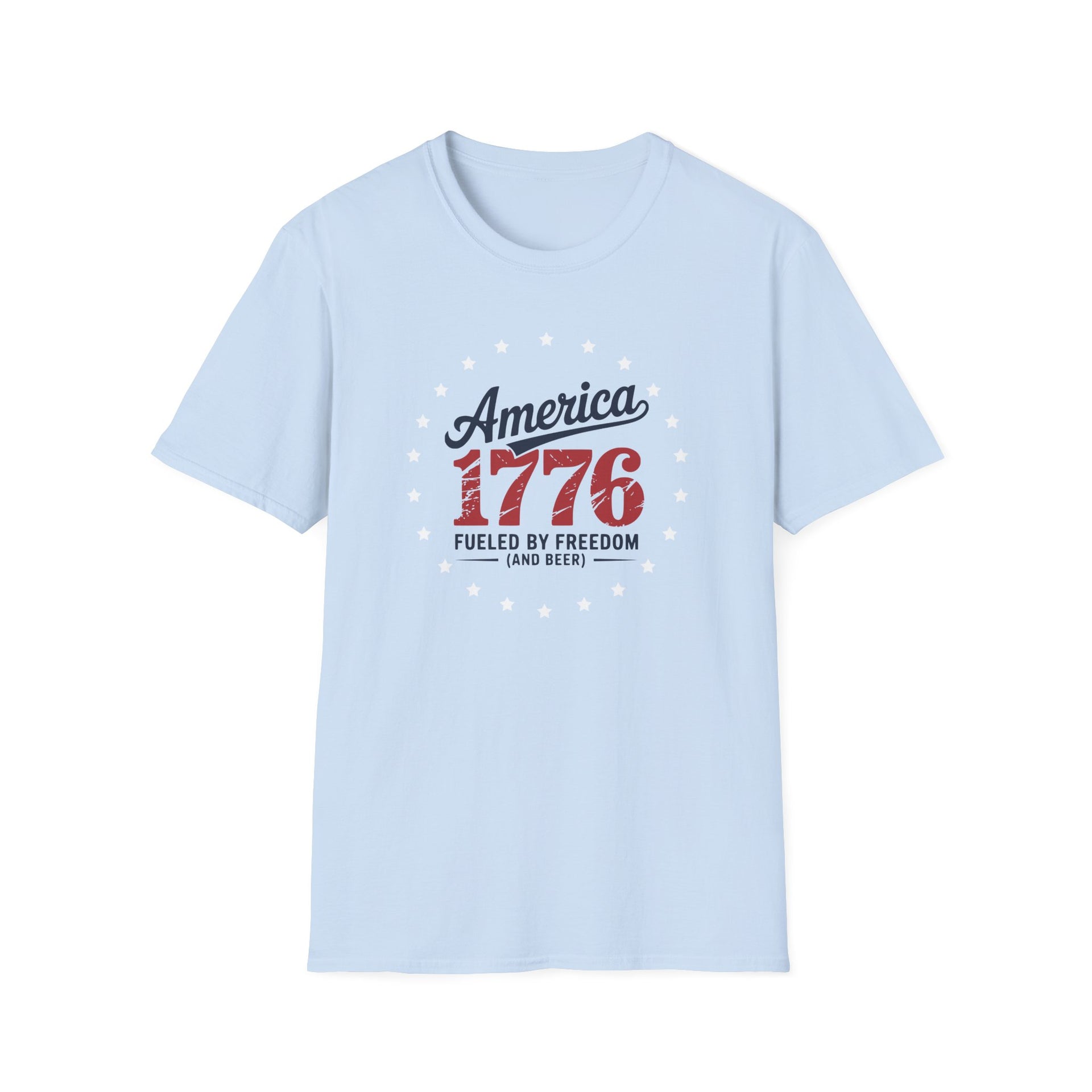 Light blue t-shirt with 'America 1776' text design on a white background