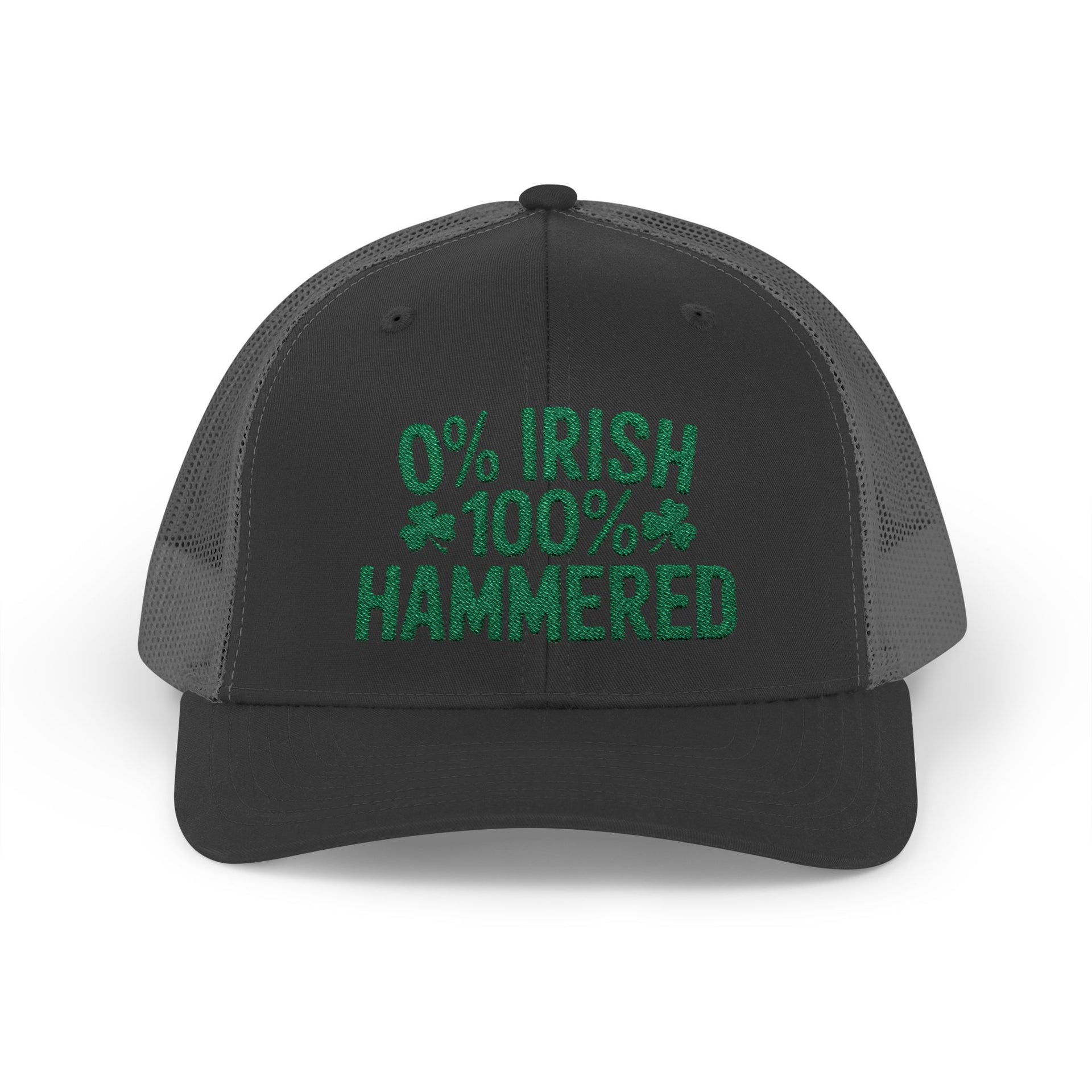 A black and gray curved trucker hat with the phrase '0% Irish 100% HAMMERED' funny St Patricks Day Pub crawl and Parade design