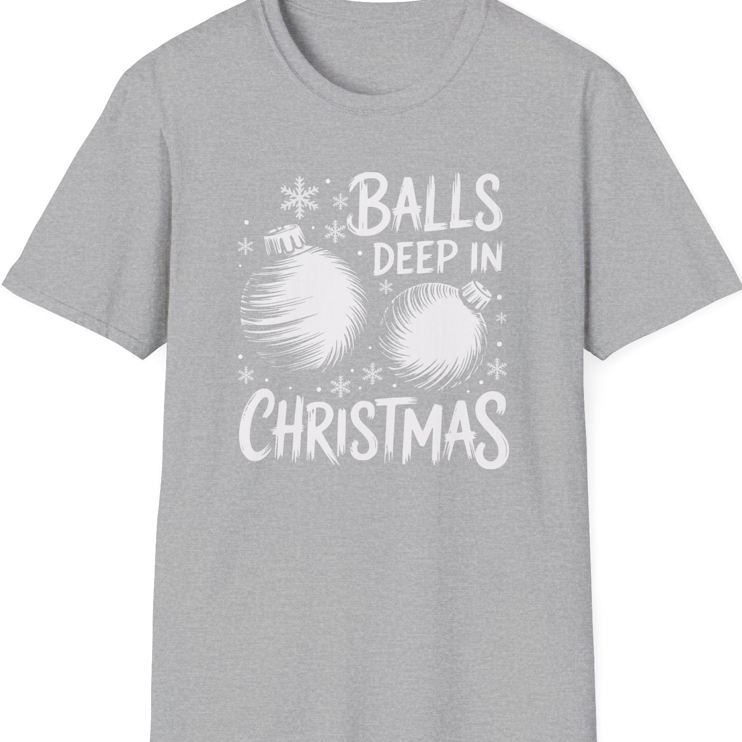 Funny Christmas Humor Short Sleeve Shirt with a christmas ornaments and the text "Balls Deep in Christmas" -  Sport Grey