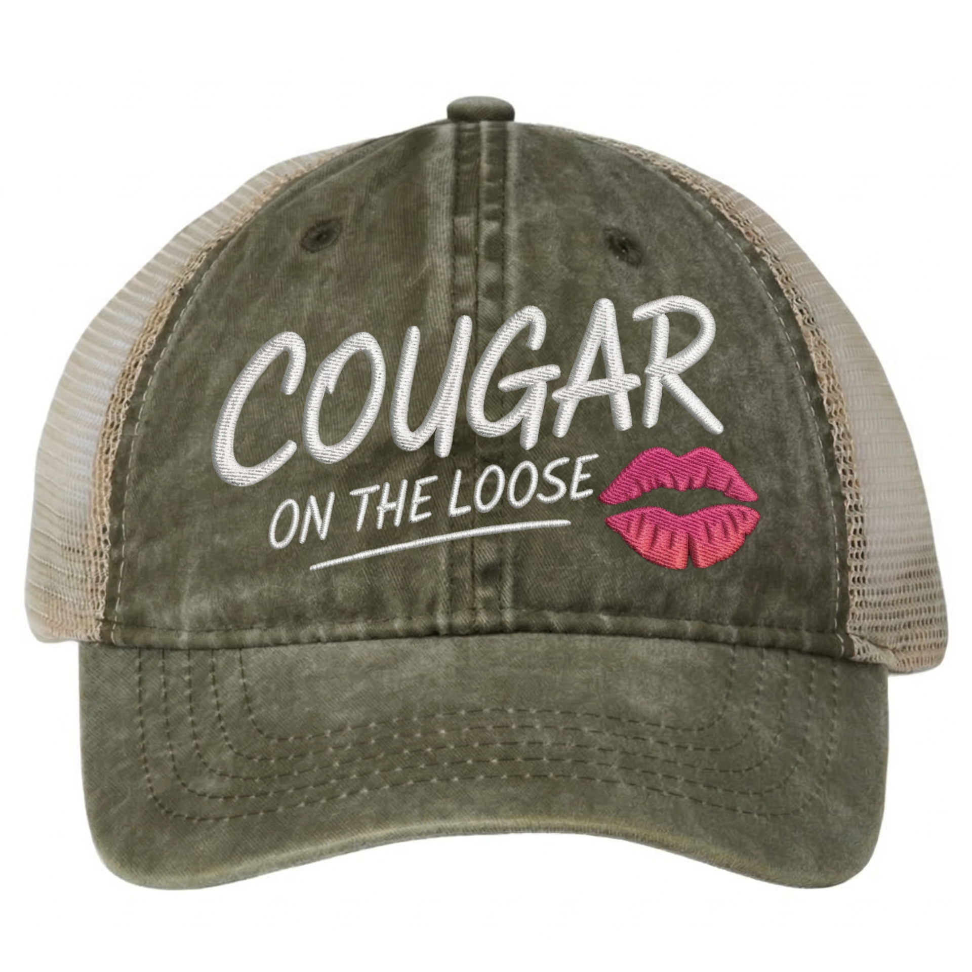 a olive green and khaki faded ponytail trucker cap with 'Cougar on the Loose' text and lipstick kiss mark funny spring break, beach vacation, summer vacation, lake season design.