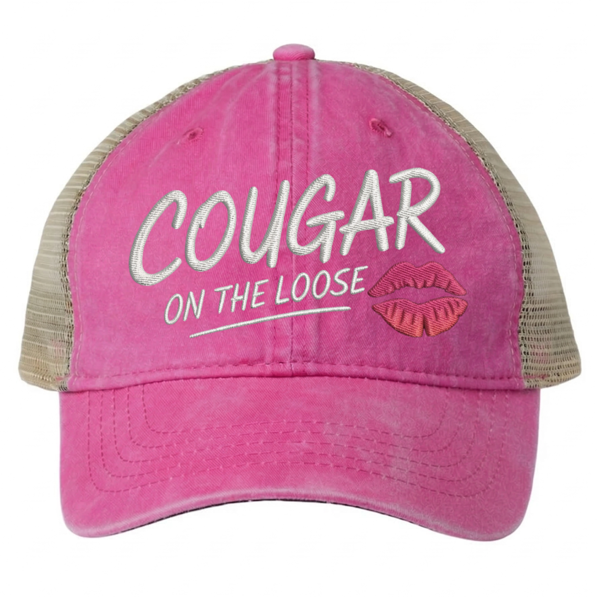 a bright pink and khaki faded ponytail trucker cap with 'Cougar on the Loose' text and lipstick kiss mark funny spring break, beach vacation, summer vacation, lake season design.