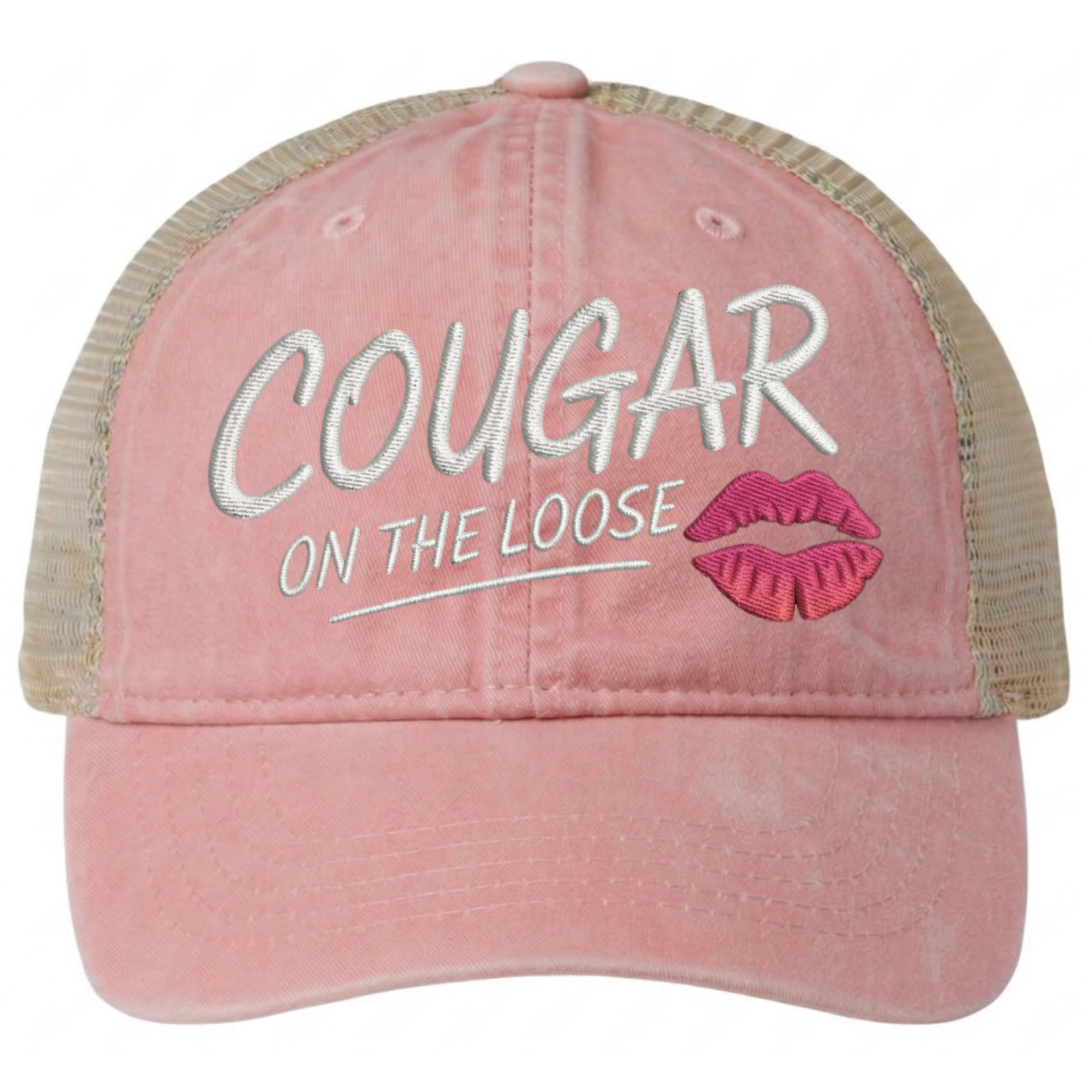 a pink and khaki faded ponytail trucker cap with 'Cougar on the Loose' text and lipstick kiss mark funny spring break, beach vacation, summer vacation, lake season design.