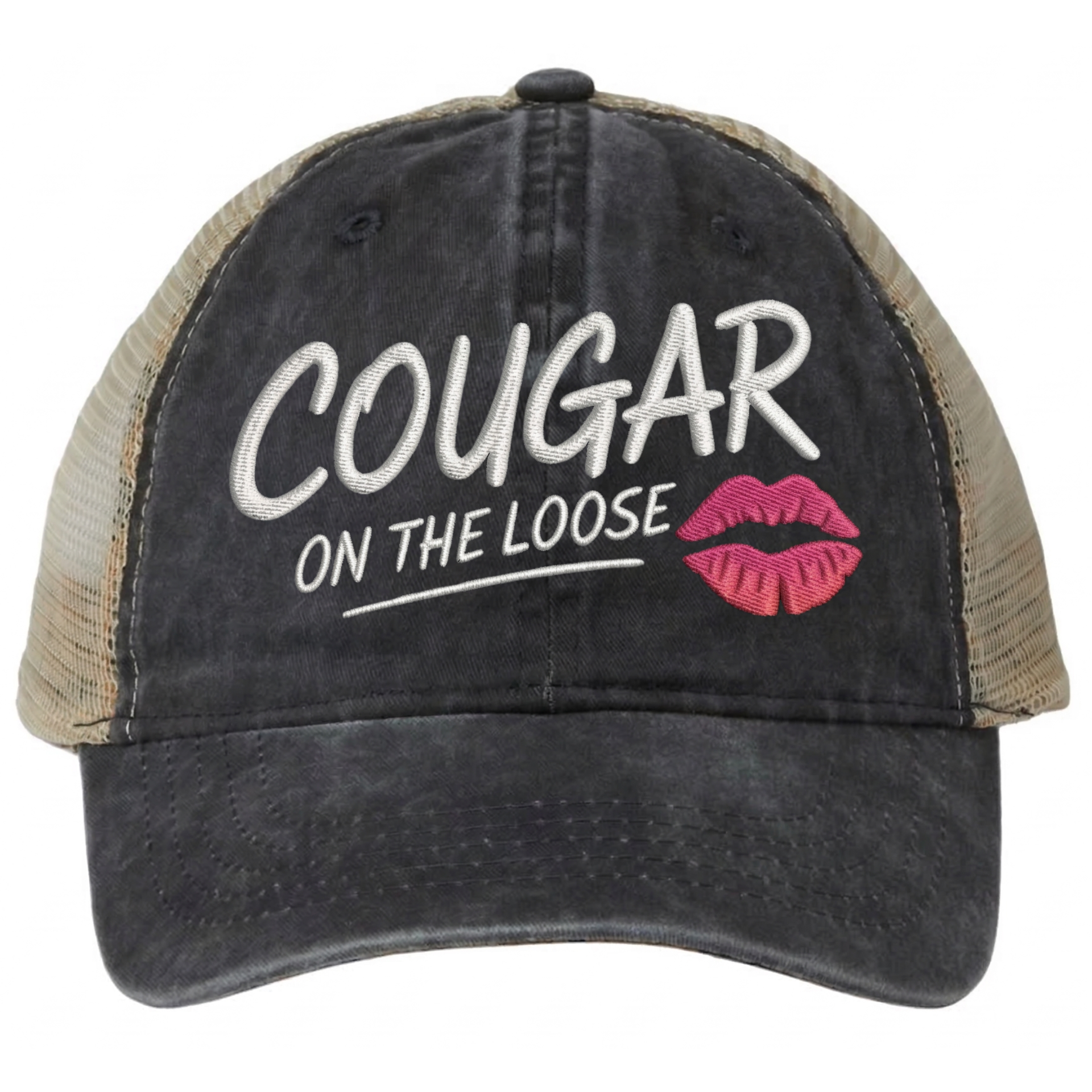 a balck and khaki faded ponytail trucker cap with 'Cougar on the Loose' text and lipstick kiss mark funny spring break, beach vacation, summer vacation, lake season design.