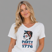 Party Like It’s 1776 women’s patriotic v-neck tee with flag sunglasses graphic