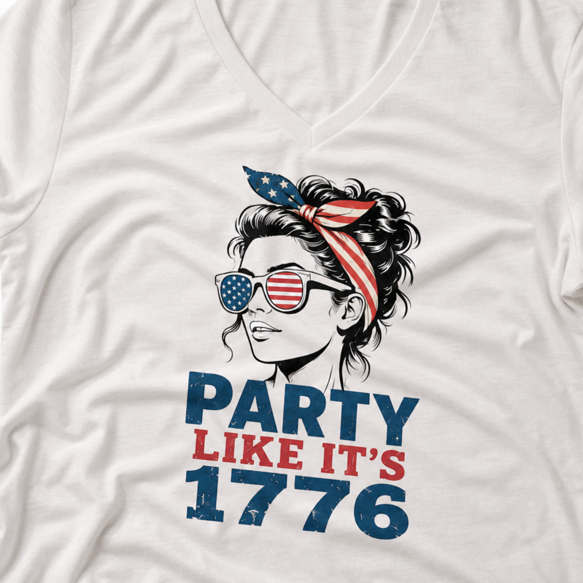 Party Like It’s 1776 women’s patriotic v-neck tee with flag sunglasses graphic