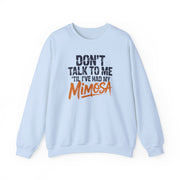 a light blue sweatshirt with the text 'Don't talk to me 'til i've had my mimosa' funny mothers day, girls trip, mom life design