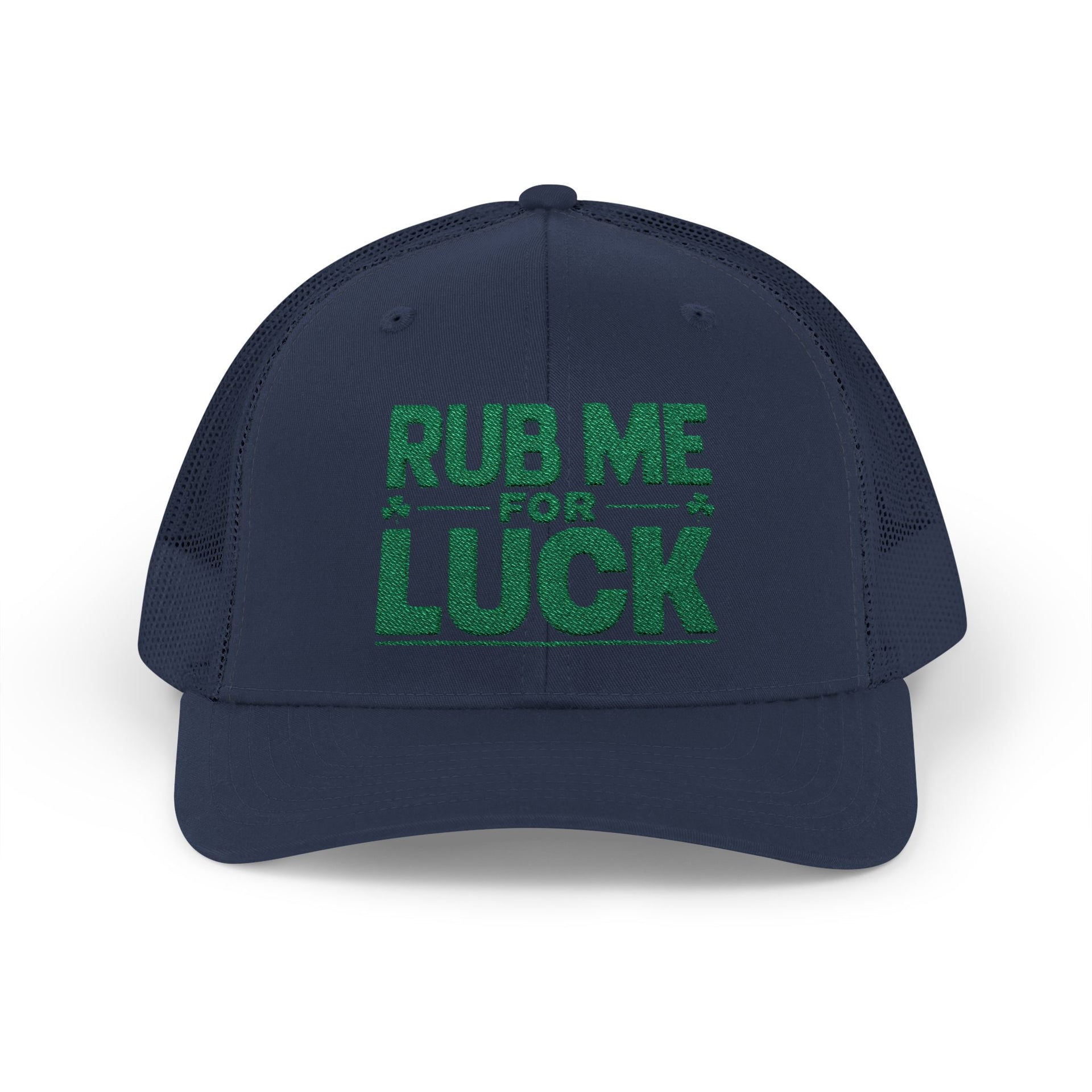 a navy curved bill trucker hat with 'Rub Me for Luck' text funny st patricks day pub crawl design