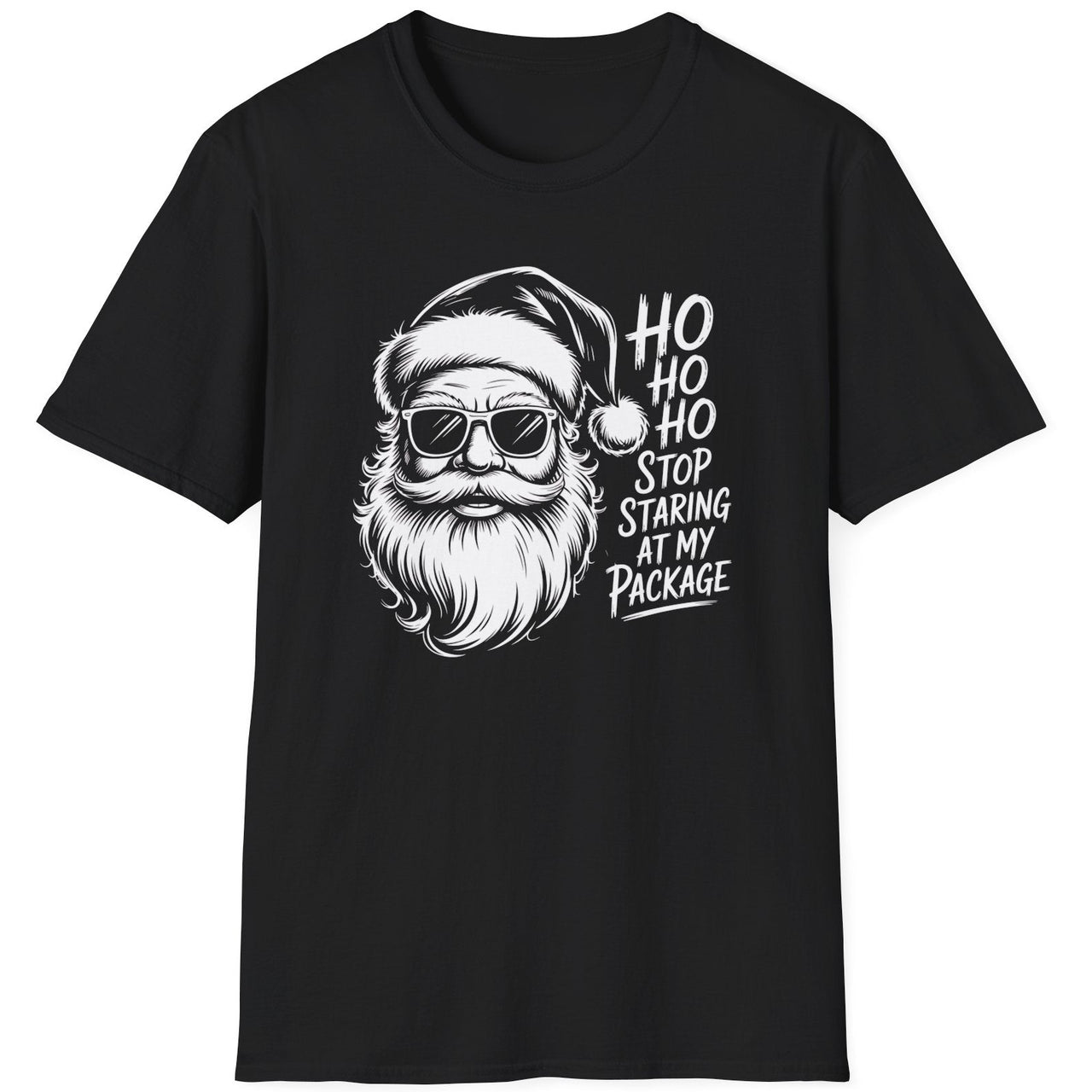 Funny Christmas Drinking  Short Sleeve Shirt with Santa drinking a cocktail and the text " Ho Ho Ho Stop Staring at my Package" - Black