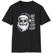 Funny Christmas Drinking  Short Sleeve Shirt with Santa drinking a cocktail and the text " Ho Ho Ho Stop Staring at my Package" - Black