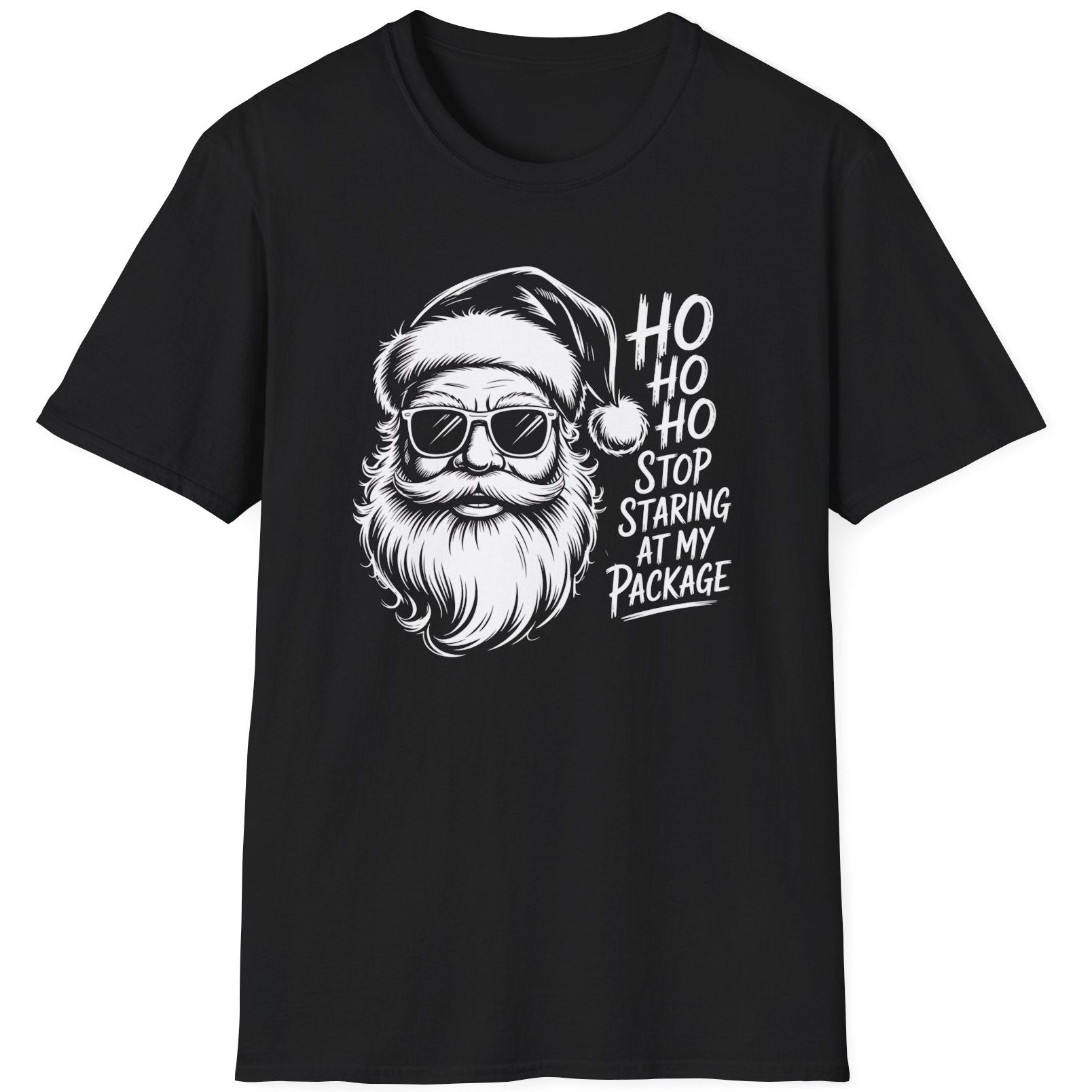 Funny Christmas Drinking  Short Sleeve Shirt with Santa drinking a cocktail and the text " Ho Ho Ho Stop Staring at my Package" - Black