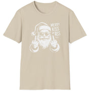 Funny Christmas Short Sleeve Shirt with Santa flipping his middle fingers and the text " Merry Kiss My Ass" - Sand