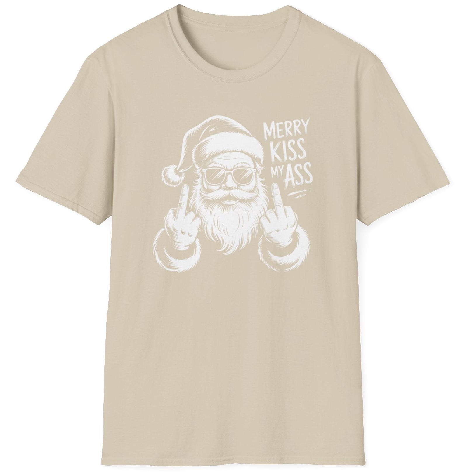 Funny Christmas Short Sleeve Shirt with Santa flipping his middle fingers and the text " Merry Kiss My Ass" - Sand