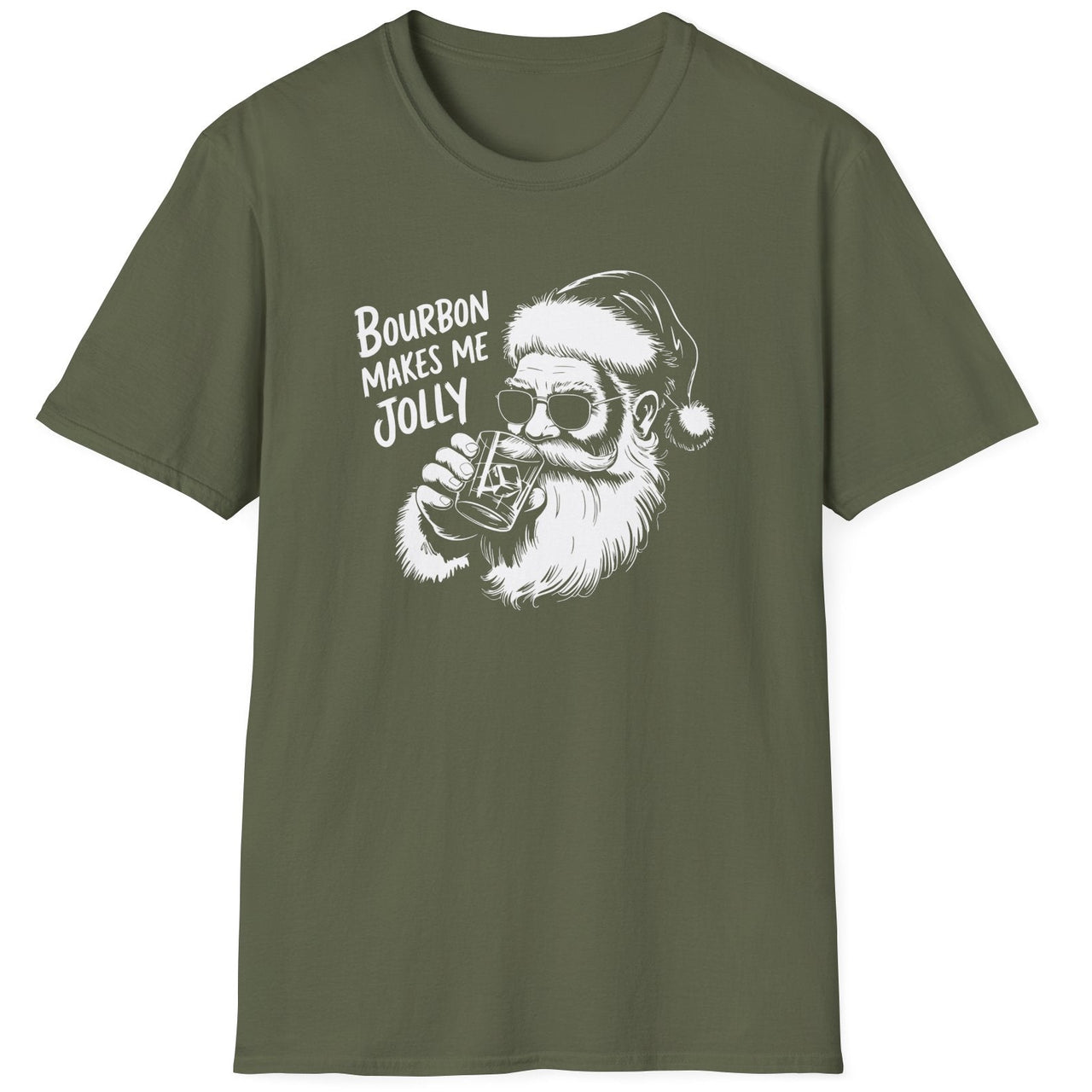 Funny Christmas Humor Short Sleeve Shirt with Santa drinking bourbon and the text "Bourbon Makes Me Jolly" - Military Green