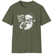 Funny Christmas Humor Short Sleeve Shirt with Santa drinking bourbon and the text "Bourbon Makes Me Jolly" - Military Green