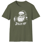 Funny Christmas Humor Short Sleeve Shirt with Santa drinking whiskey and the text "Jolly AF" - Military Green