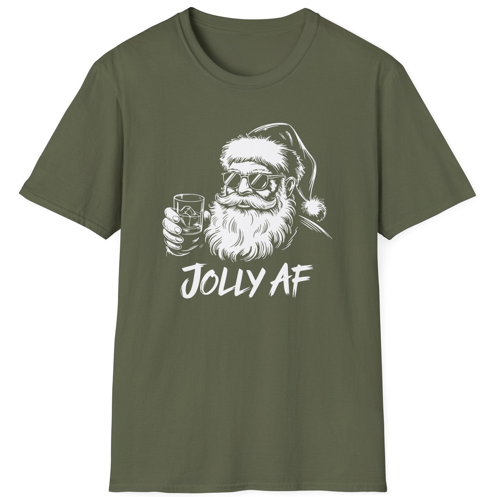 Funny Christmas Humor Short Sleeve Shirt with Santa drinking whiskey and the text "Jolly AF" - Military Green