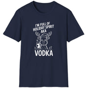Navy blue t-shirt with a reindeer graphic and the text i'm full of holiday spirit aka vodka funny christmas sweater