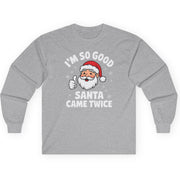Gray long-sleeve shirt with Santa Claus graphic and text on a white background