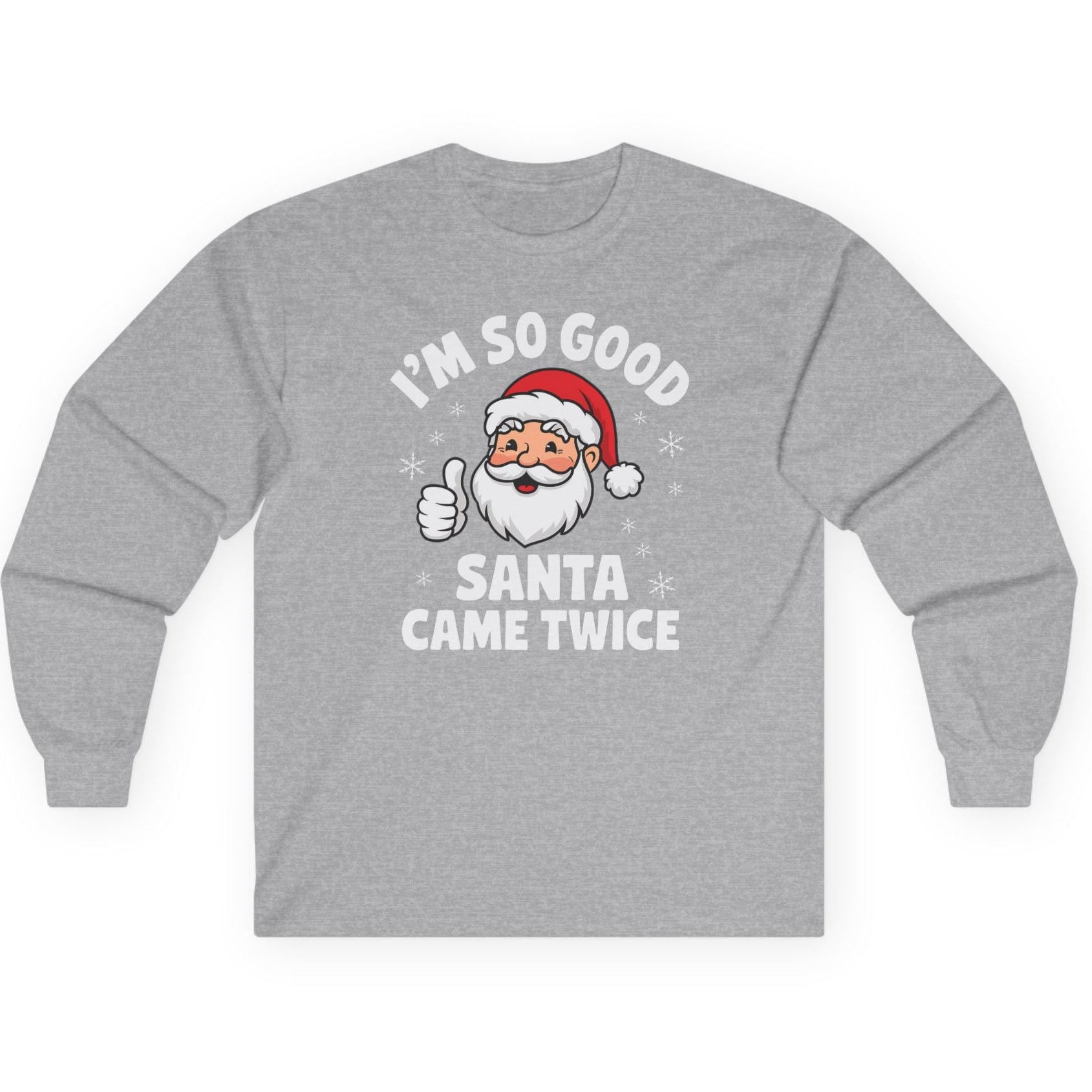 Gray long-sleeve shirt with Santa Claus graphic and text on a white background