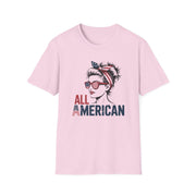 Pink t-shirt with a graphic of a woman wearing sunglasses and an American flag headband, with 'All American' text.