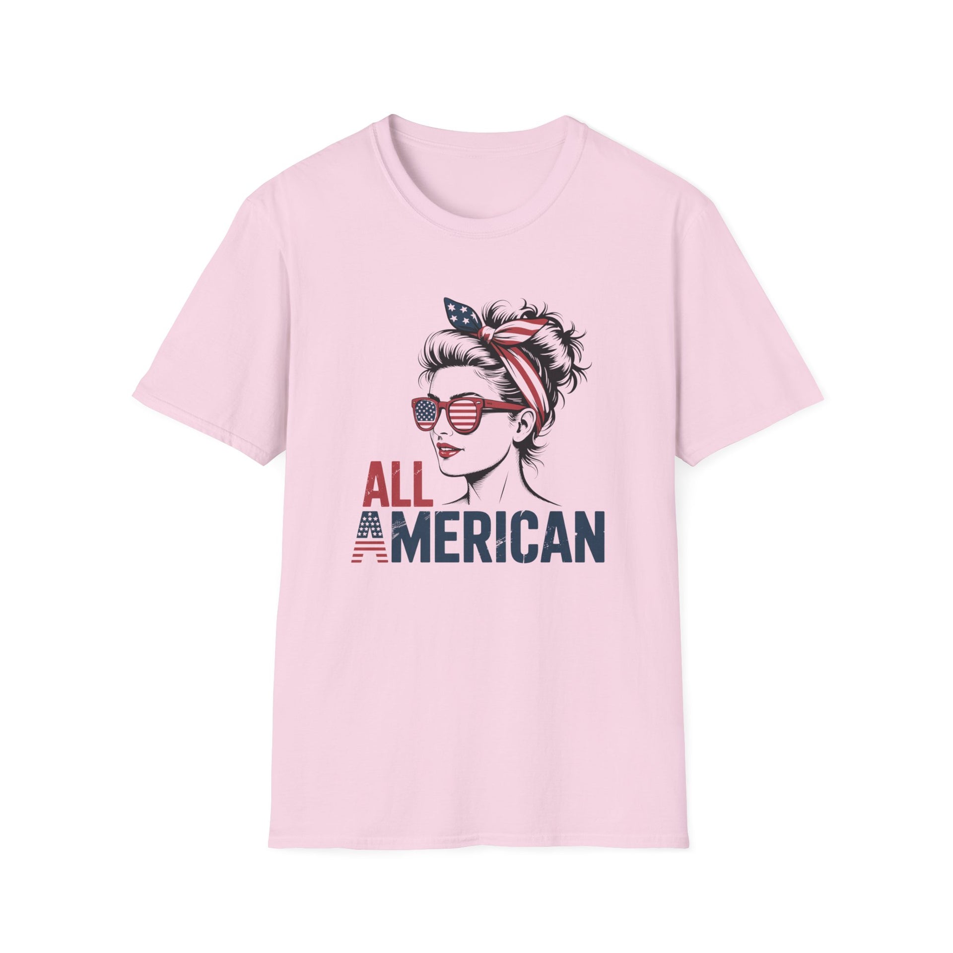 Pink t-shirt with a graphic of a woman wearing sunglasses and an American flag headband, with 'All American' text.