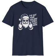 Navy blue t-shirt with a graphic of Santa Claus and the text i've got your holiday spirit right here funny christmas sweater