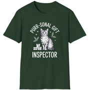 Green t-shirt with a cat graphic and the text purr-sonal gift inspector funny christmas sweater