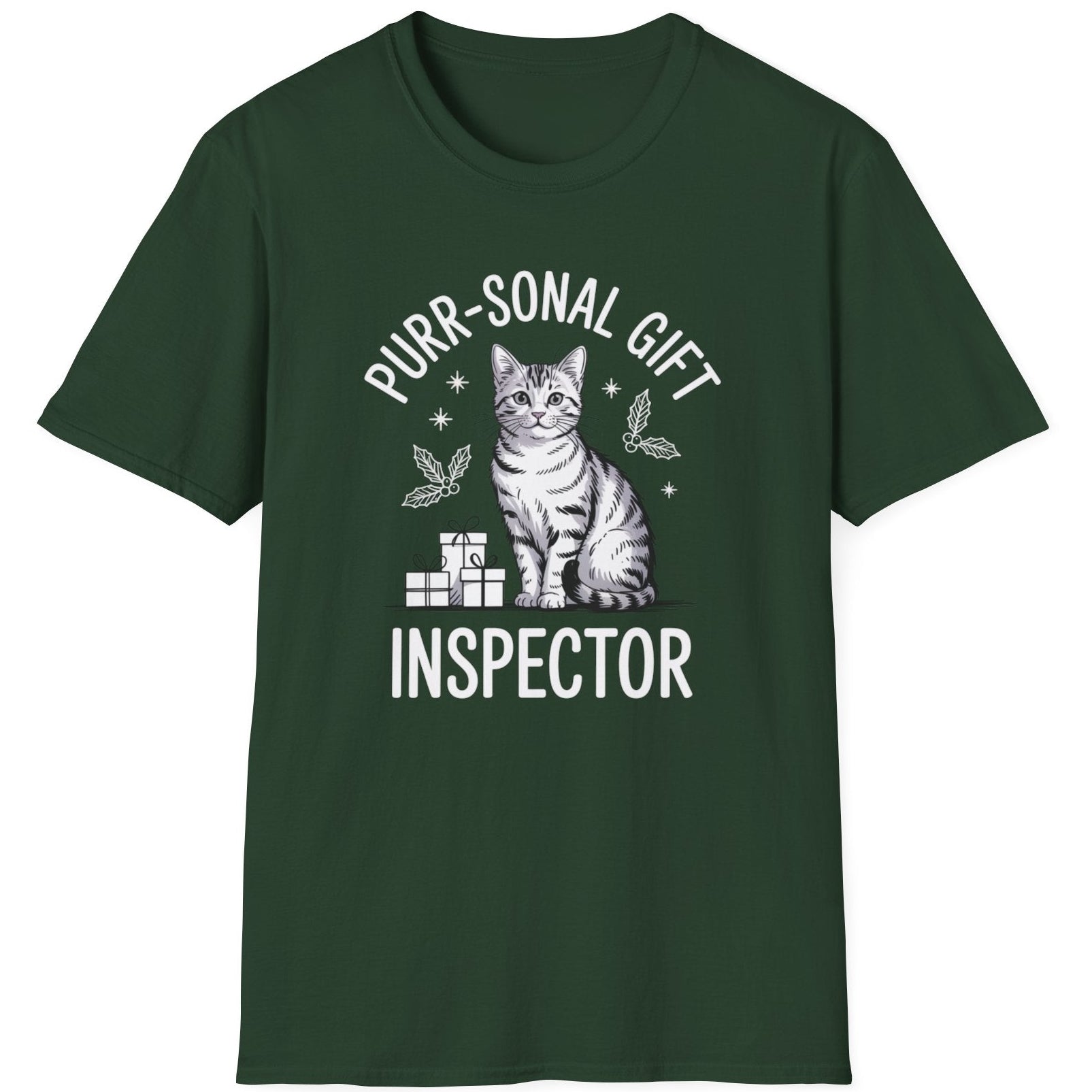 Green t-shirt with a cat graphic and the text purr-sonal gift inspector funny christmas sweater