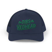 navy curved bill trucker hat with the text 'DIBS on the REDHEAD' funny st patricks day pub crawl design