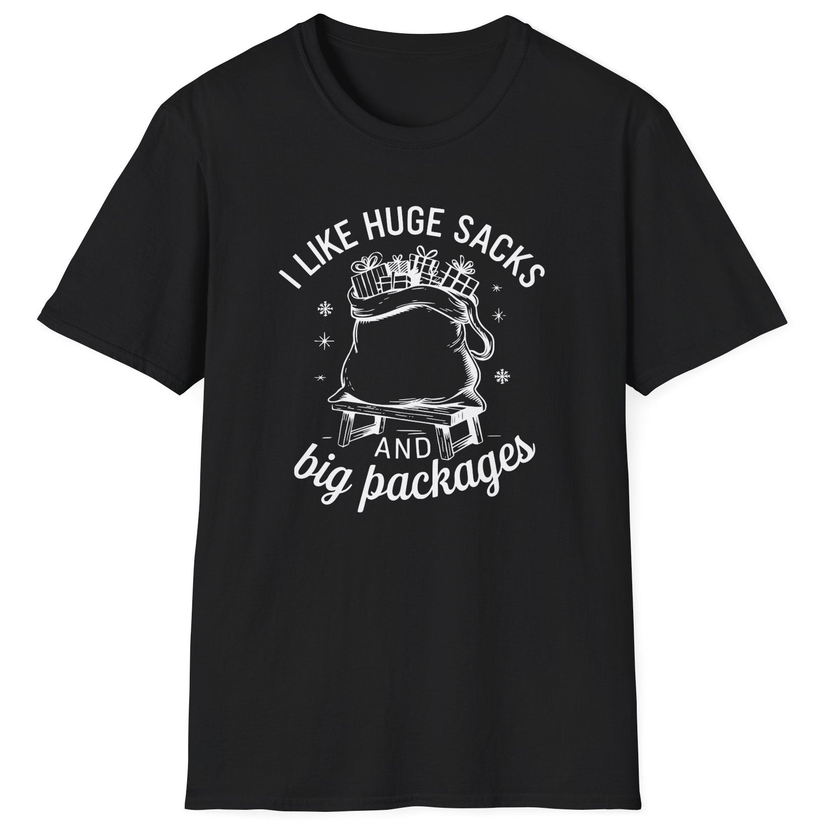 Black t-shirt with white graphic and text on a white background