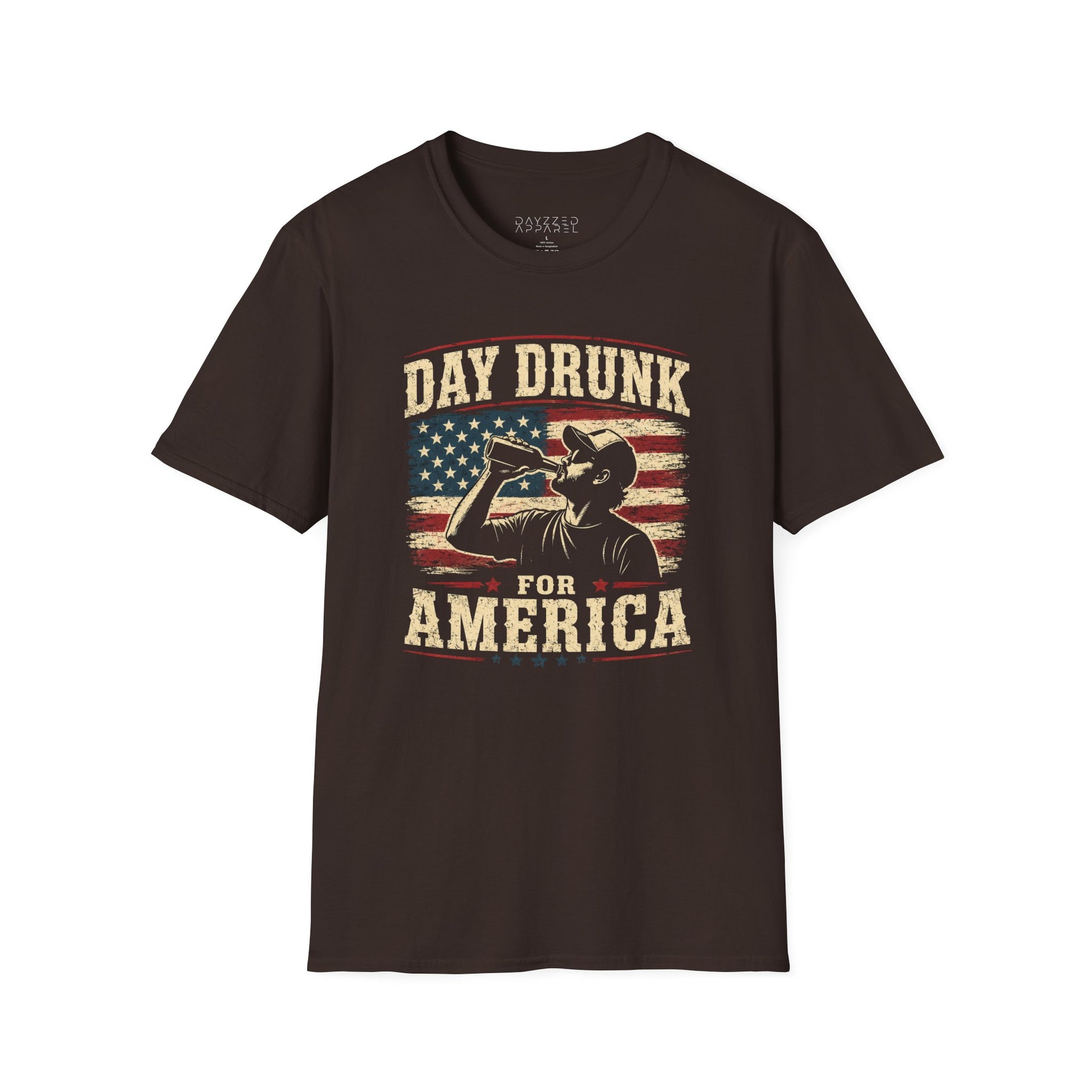 a brown t-shirt with 'Day Drunk for America' 4th of July graphic design 