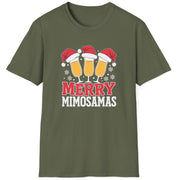 Green t-shirt  t-shirt with 'Merry Mimosamas' design featuring champagne glasses and Santa hats funny christmas sweater