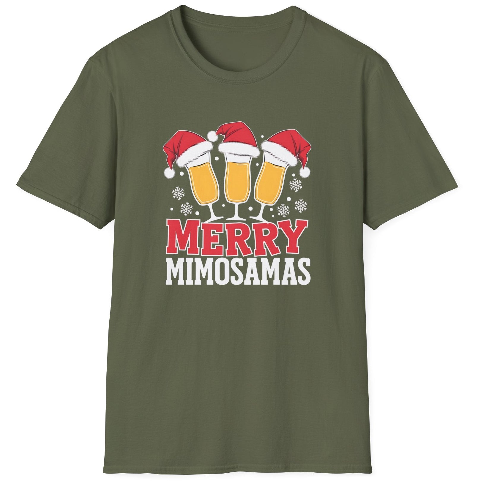 Green t-shirt  t-shirt with 'Merry Mimosamas' design featuring champagne glasses and Santa hats funny christmas sweater