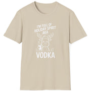 Beige t-shirt with a reindeer graphic and the text i'm full of holiday spirit aka vodka funny christmas sweater