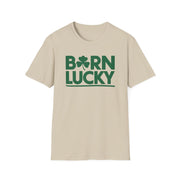 beige t-shirt with 'Born Lucky' text and clover funny st patricks day design