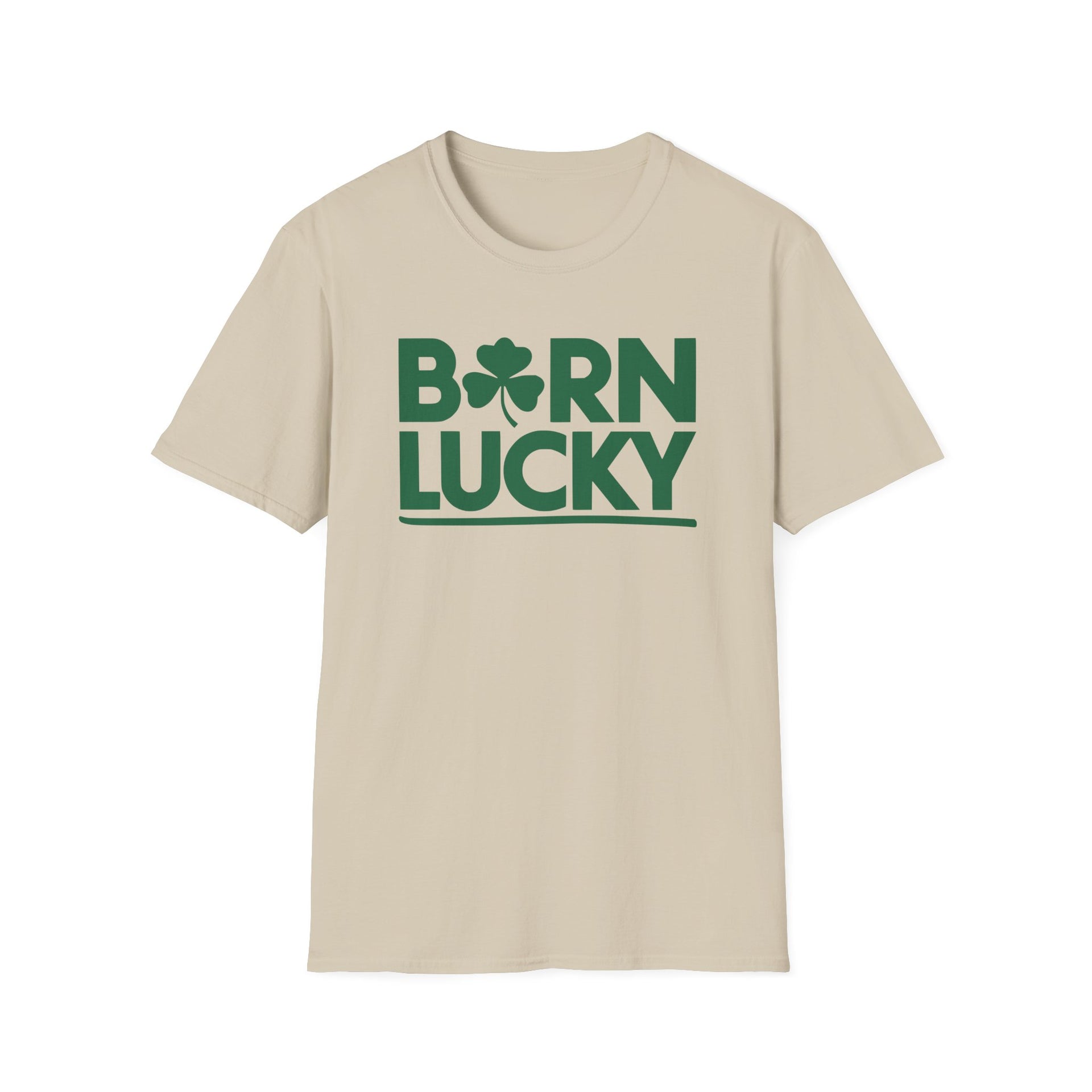beige t-shirt with 'Born Lucky' text and clover funny st patricks day design