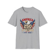 A light gray T-shirt with an eagle graphic and '250 Years Strong' text, patriotic 4th of July, America 250 design