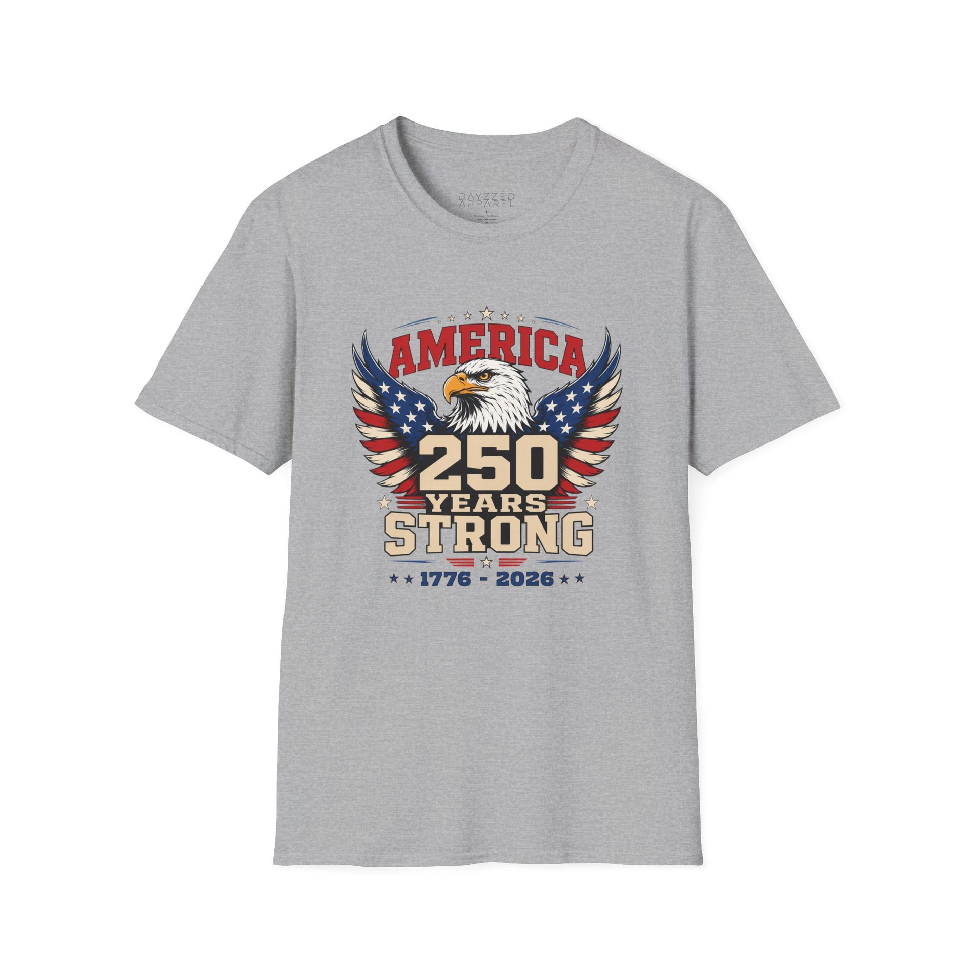 A light gray T-shirt with an eagle graphic and '250 Years Strong' text, patriotic 4th of July, America 250 design