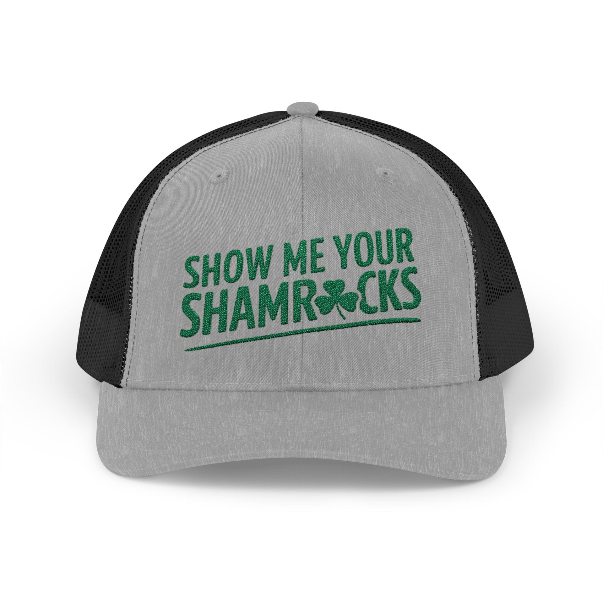 a grey and black curved trucker hat with 'Show Me Your Shamrocks' text funny st patricks day pub crawl design