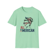 Mint green t-shirt with a graphic of a woman wearing sunglasses and an American flag headband, with 'All American' text.