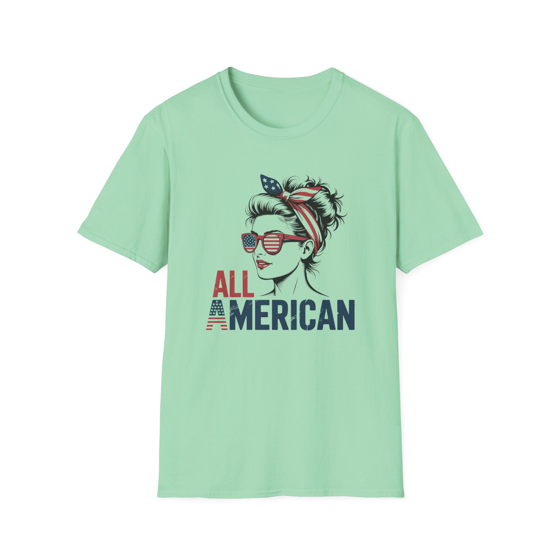 Mint green t-shirt with a graphic of a woman wearing sunglasses and an American flag headband, with 'All American' text.