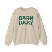 beige sweatshirt with 'Born Lucky' text and green clover funny st patricks design