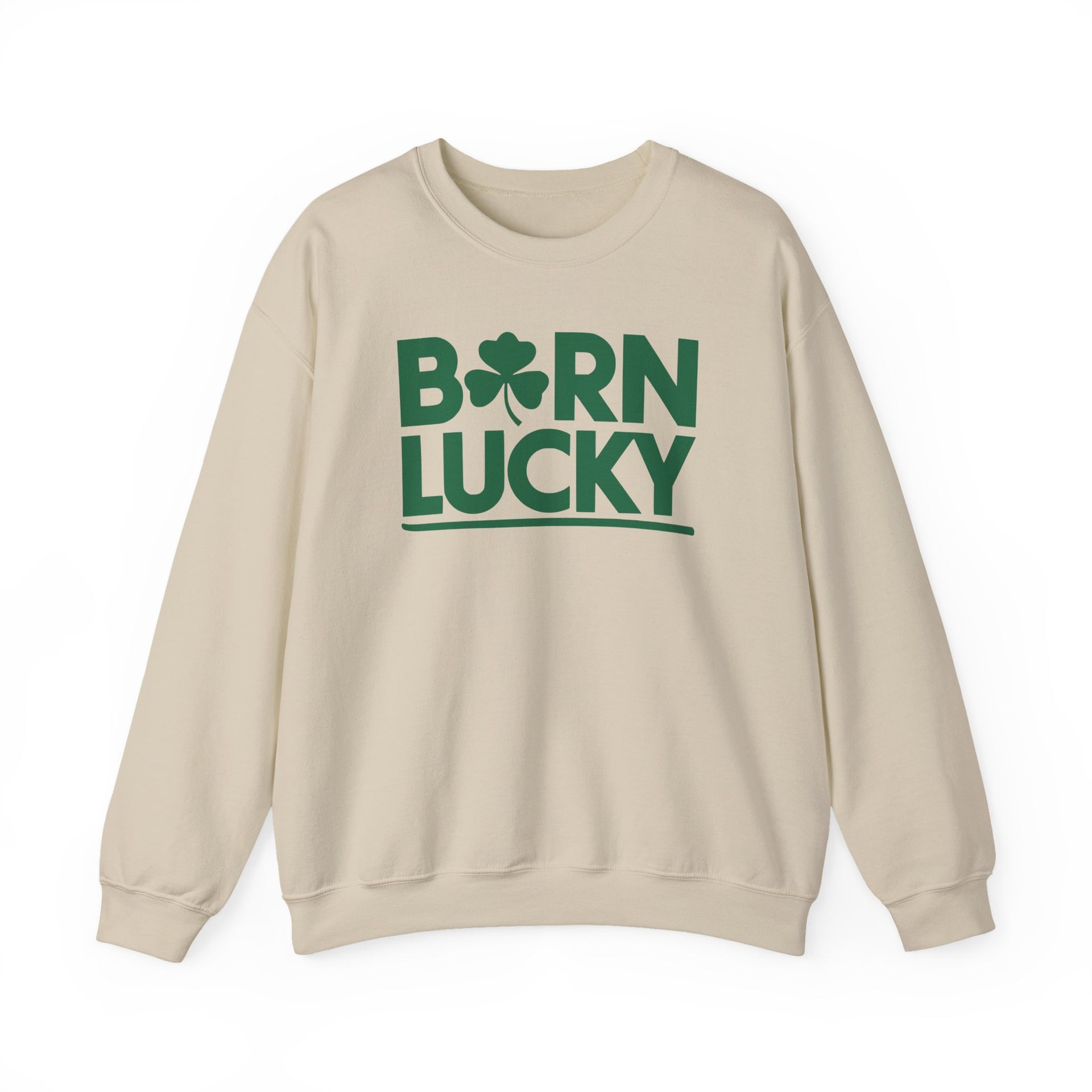 beige sweatshirt with 'Born Lucky' text and green clover funny st patricks design