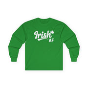 green long-sleeve shirt with the phrase 'Irish AF' funny st patricks day design