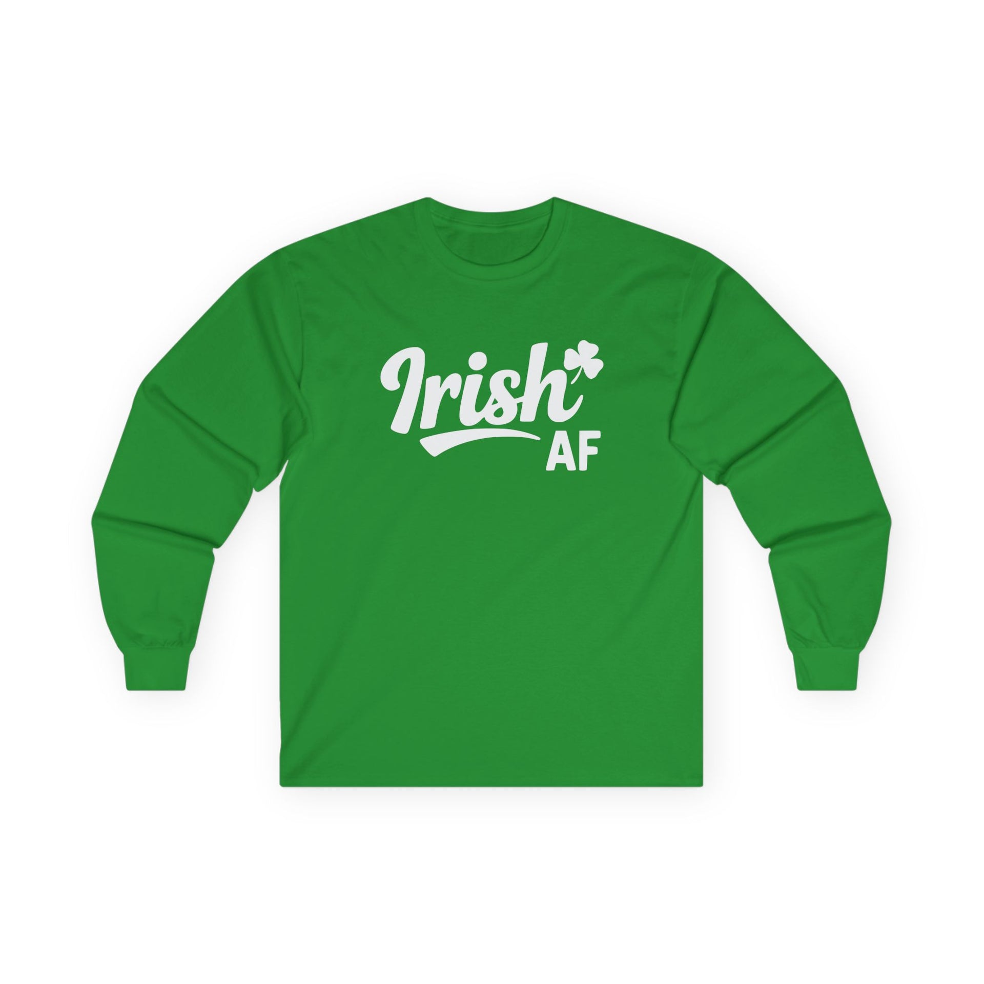 green long-sleeve shirt with the phrase 'Irish AF' funny st patricks day design