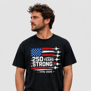 Man wearing a black t-shirt with an American flag design and '250 Years Strong' text patriotic fighter jet Meorial Day, 4th of July design