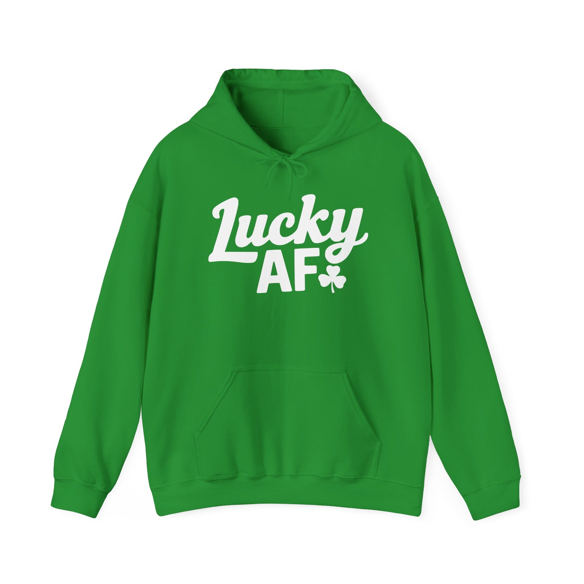 green hoodie with the phrase 'Lucky AF' funny St Patricks Day design